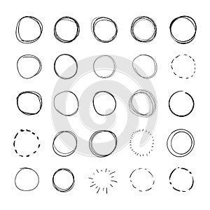 Vector Hand Drawn Circles, Round Scribble Lines Set Isolated on White Background, Black and White Design Elements.