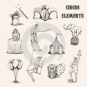 Vector hand drawn circus elements set. Acrobat, elephant, popcorn, baloons, cilinder hat and magic wand isolated on