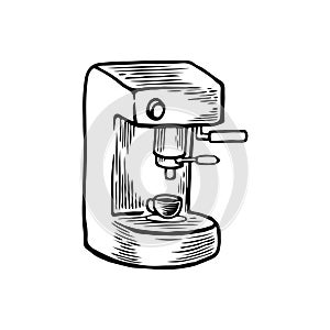 Vector hand drawn coffee machine and capsules Illustration. Detailed retro style image of coffee beans grinder. Old vintage