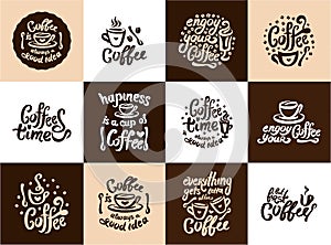 Vector hand drawn Coffee quote lettering illustration composition with cup symbol