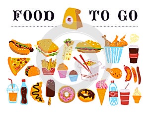 Vector hand drawn collection of fast food to go - coffee, hot dog, sandwich, burger, wok, chicken, fries etc. isolated on white ba