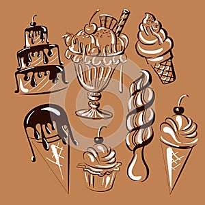 Vector hand drawn collection of sweet food with cakes and ice cream.