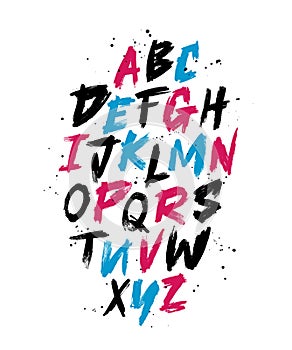 Vector Hand Drawn Color Alphabet Font. Brush painted letters