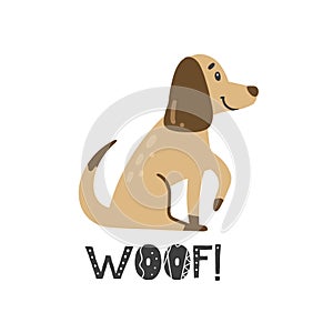 Vector hand-drawn color children\'s illustration, poster, print with a cute doggy and lettering Woof in Scandinavian style