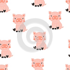 Vector hand-drawn color seamless repeating childish simple pattern with cute pigs in Scandinavian style on a white