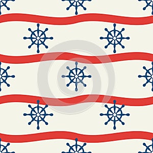 Vector hand drawn colored childish seamless repeat simple flat pattern with ships steering wheel and wawe . Pattern for