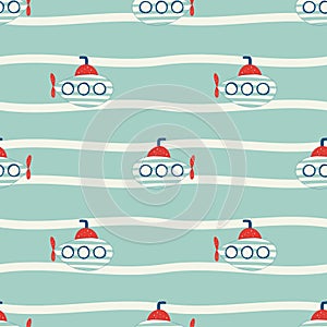 Vector hand drawn colored childish seamless repeat simple flat pattern with submarines in scandinavian style. Cute baby