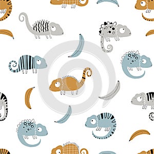 Vector hand-drawn colored childish seamless repeating simple flat pattern with chameleons and bananas in scandinavian