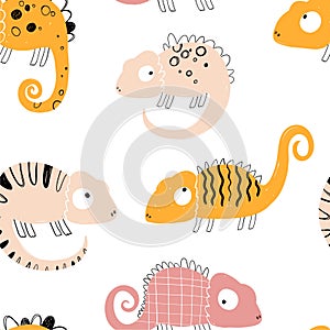 Vector hand-drawn colored childish seamless repeating simple flat pattern with chameleons in scandinavian style on a
