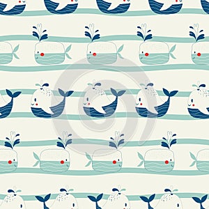 Vector hand drawn colored childish seamless repeating simple flat pattern with whales in scandinavian style. Cute baby