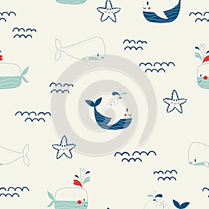 Vector hand drawn colored childish seamless repeating simple flat pattern with whales and starfish in scandinavian style