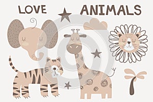 Vector hand-drawn colored children s simple set with cute african animals and plants in scandinavian style on a white