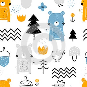 Vector hand-drawn colored childrens seamless repeating pattern with cute bears, trees, birds on a white background