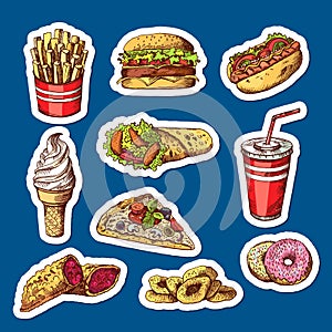 Vector hand drawn colored fast food elements stickers isolated on plain background