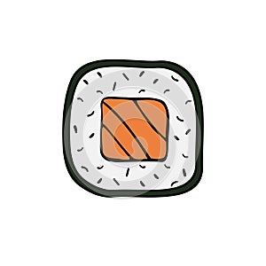 Vector hand drawn colored salmon sushi roll