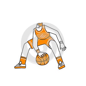 Vector hand drawn colored sketch illustration of professional basketball player, playing with basketball ball in dynamic