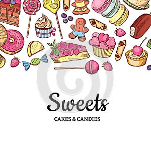 Vector hand drawn colored sweets shop or confectionary background photo
