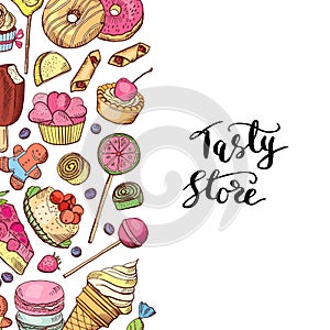 Vector hand drawn colored sweets shop or confectionary photo