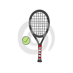 Vector hand drawn colored tennis racket and ball