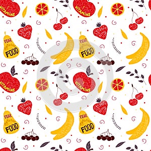 Vector hand drawn colorful fruit seamless pattern with pears, cherries, berries.