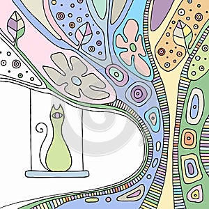 Vector hand drawn colorful illustration with decorative psychedelic tree with branch, leaves, flowers, dots and cat. Cute abstract