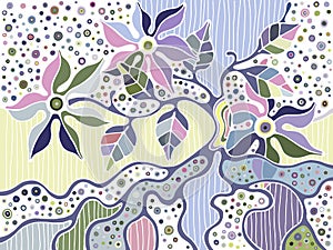 Vector hand drawn colorful illustration with decorative psychedelic tree with branch, leaves, flowers, dots. Cute abstract