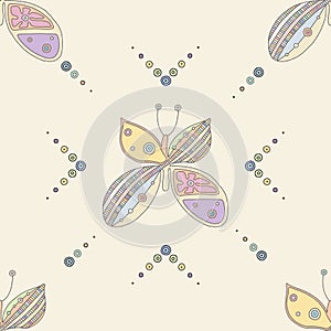 Vector hand drawn colorful seamless pattern, illustration of butterfly with decorative geometrical elements, lines, dots. Line