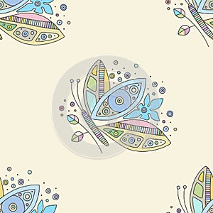 Vector hand drawn colorful seamless pattern, illustration of butterfly with decorative geometrical elements, lines, dots. Line