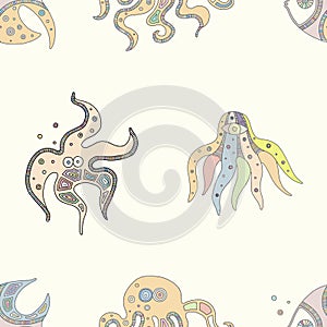 Vector hand drawn colorful seamless pattern, illustration of fish, octopus, starfishÐ± squid with decorative geometrical elements