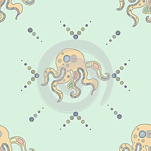 Vector hand drawn colorful seamless pattern, illustration of octopus with decorative geometrical elements, lines, dots. Line