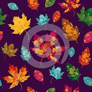 A Vector Hand Drawn Colorful, Vibrant Fall Leaves on a Purple Background. A fall background for the prints, wrapping paper, fabri