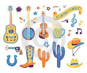 Vector hand drawn concept for postcards or festival banners for country music festival. Wild West illustration of a set
