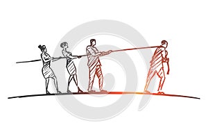 Hand drawn people pulling rope to different sides