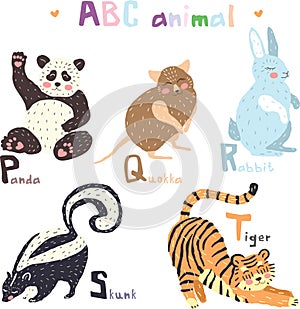 Vector hand drawn cute abc alphabet animal colorful scandinavian design, panda, quokka, rabbit,skunk, tiger