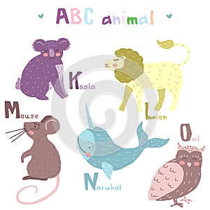 Vector hand drawn cute abc alphabet animal scandinavian colorful design,lion,mouse,narwha,owl photo