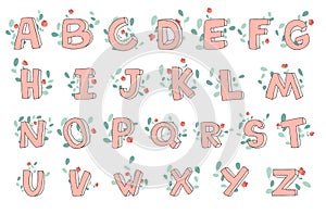 Vector hand-drawn cute alphabet with floral decoration, font, letters. 3D doodle ABC for kids.