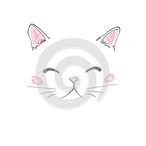 Vector hand drawn cute cat`s face saying Hello. Isolated illustration with lettering on white background
