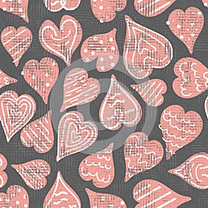 Vector hand drawn decorated pink and white textured hearts on grey seamless repeat pattern background. Perfect for textile, paper