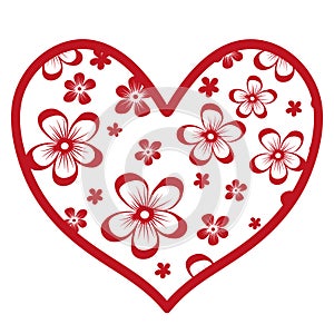 Vector hand drawn decorative floral heart with red flowers isolated