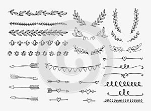 Vector hand drawn design elements. Vintage doodle banners, ribbons, divider, swirls, arrows.