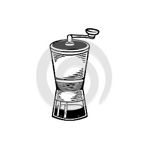 Vector hand drawn design of manual handy vintage coffee beans grinder. Old classic coffee mill badge sketch concept isolated on