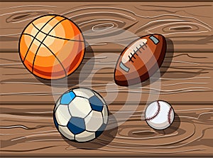 Vector hand drawn different sports balls on wooden floor