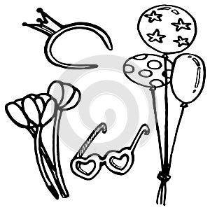 Vector hand drawn doodle bithday objects set, ballons, vector tulips, mascaraed glasses, decorative elements