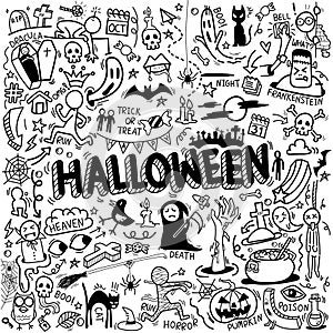 Vector of hand drawn doodle cartoon set of objects and symbols on the Halloween theme