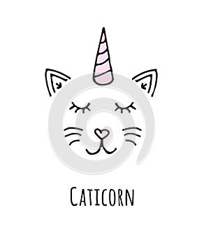 Vector hand drawn doodle caticorn cat with horn