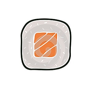 Vector hand drawn doodle colored salmon sushi roll