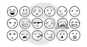 Vector hand drawn doodle emoji with different emotions set. Round cute faces with different emotional expressions