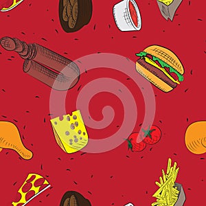 Vector hand drawn doodle food seamless patterns. red background