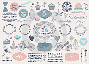 Vector Hand drawn doodle Love collection, illustration Sketchy icons. Big set for Valentine s day, Mothers day, wedding