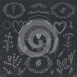 Vector hand drawn doodle romantic set. Linear illustration - flowers, wreaths, deviders, frames, leaves.